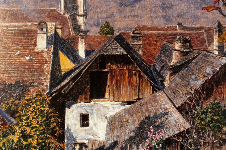 Gemälde mit Blick in eine Wachau-Landschaft mit Häusern