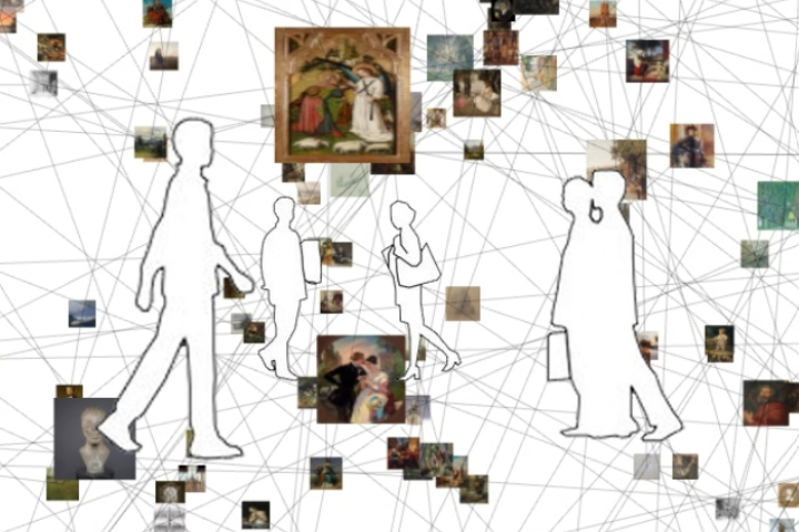 Grafik mit Gemälden und gezeichneten Figuren