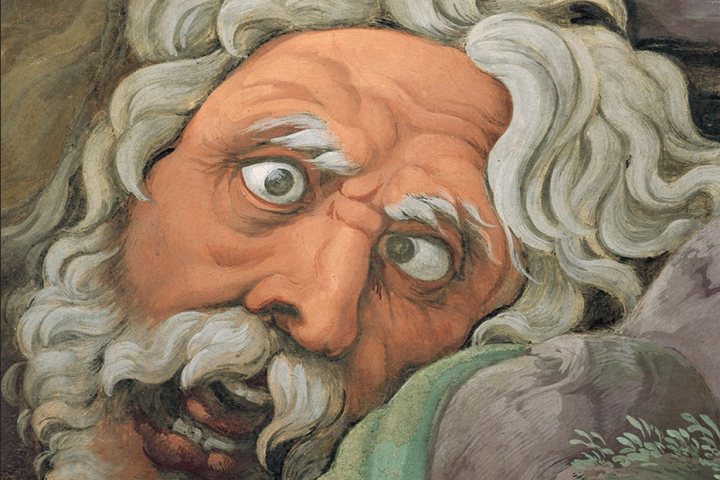 Kopf eines alten Mannes mit grauem Haar und Bart