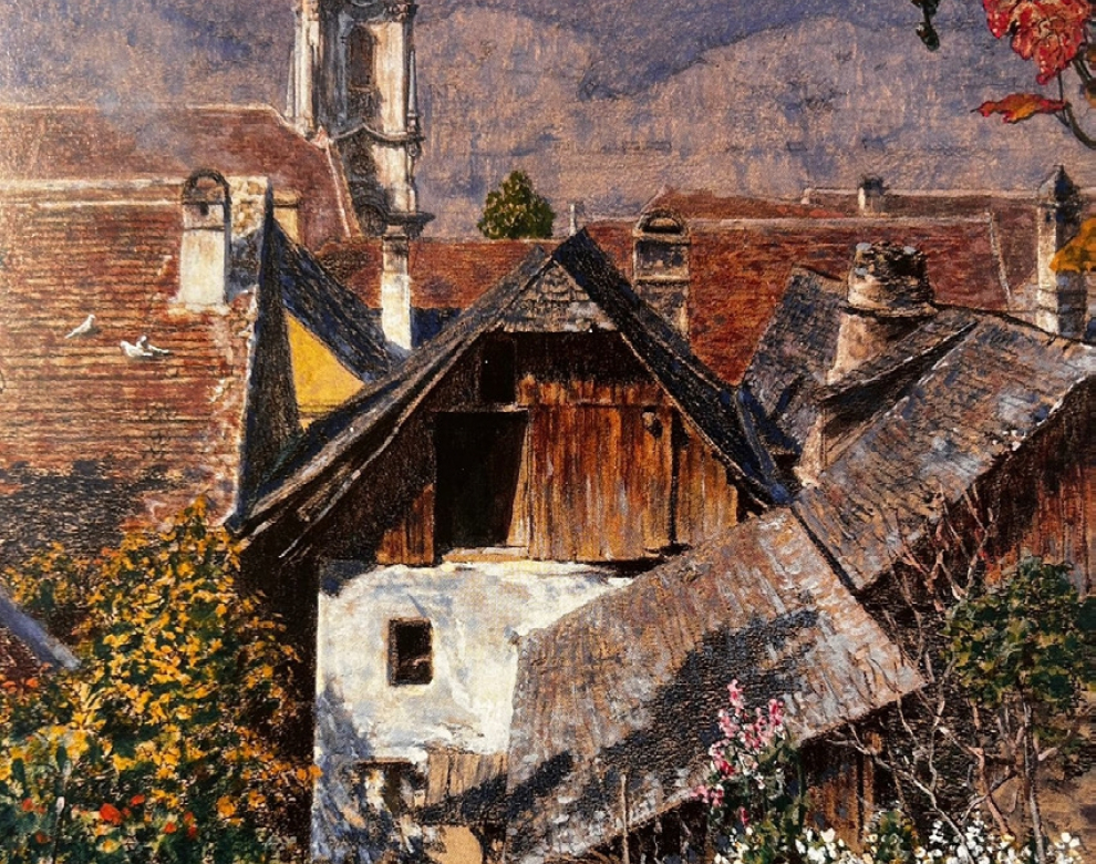 Gemälde mit Blick in eine Wachau-Landschaft mit Häusern